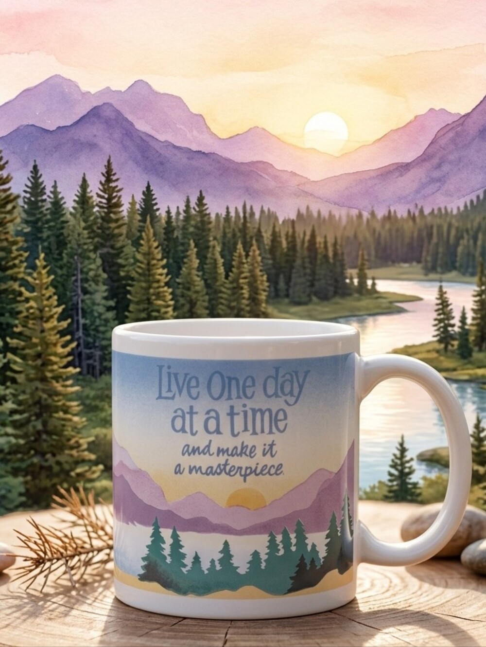Vintage positive "Live one day at a time and make it a masterpiece' mug